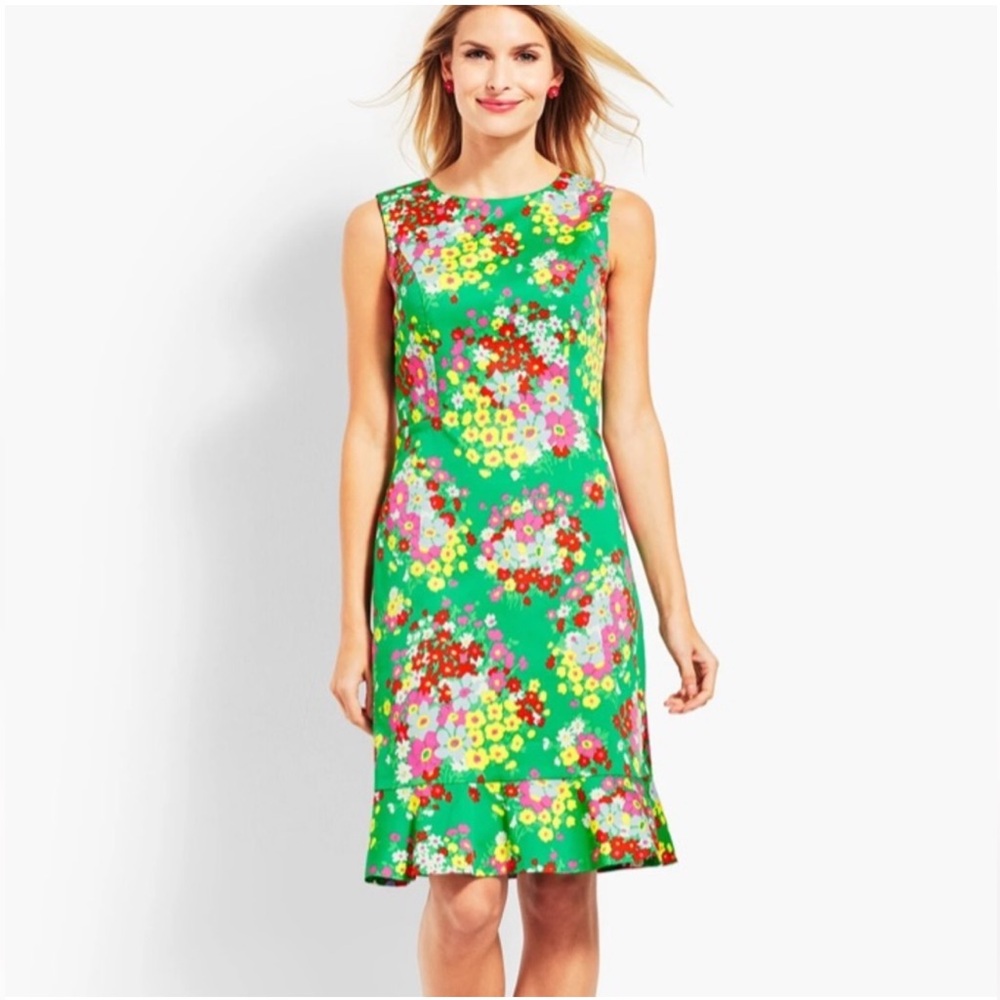 Talbots Petite Floral Sleeveless Sheath Dress Size 2P Green High Neckline